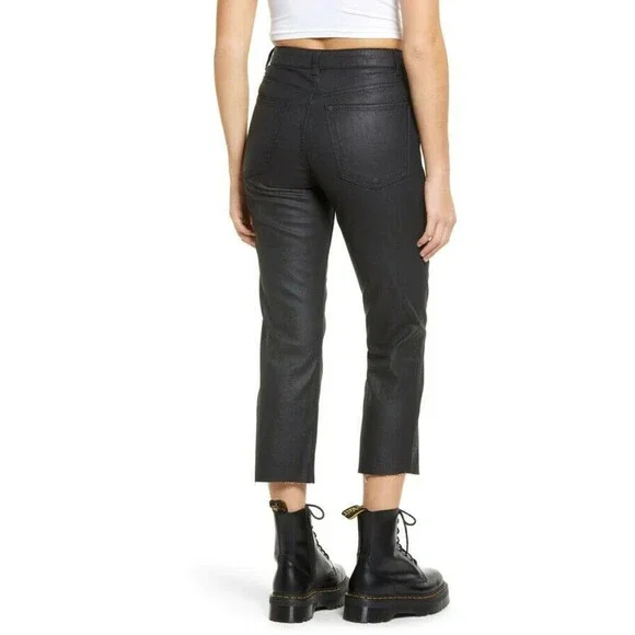 Topshop Coated High Waist Crop Straight Jeans In Black Size W 30 L30 - Picture 8 of 8